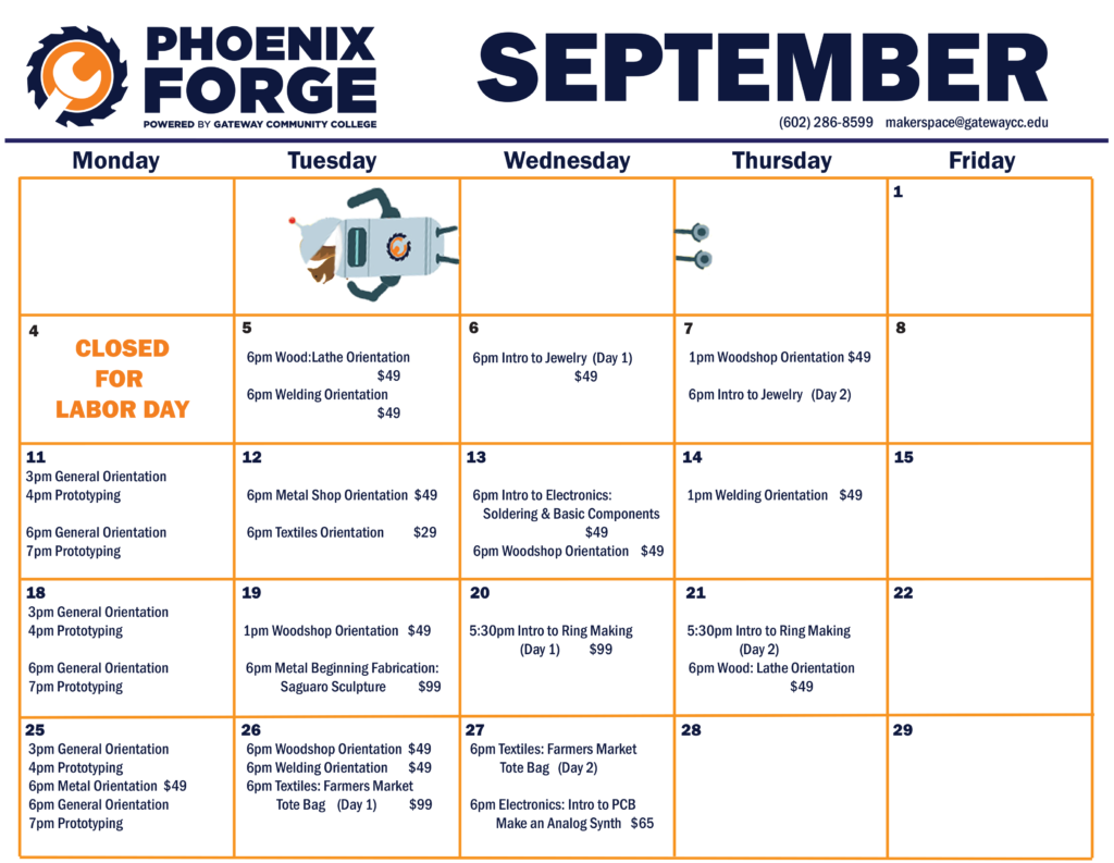 A calendar of classes and events for the month of September
