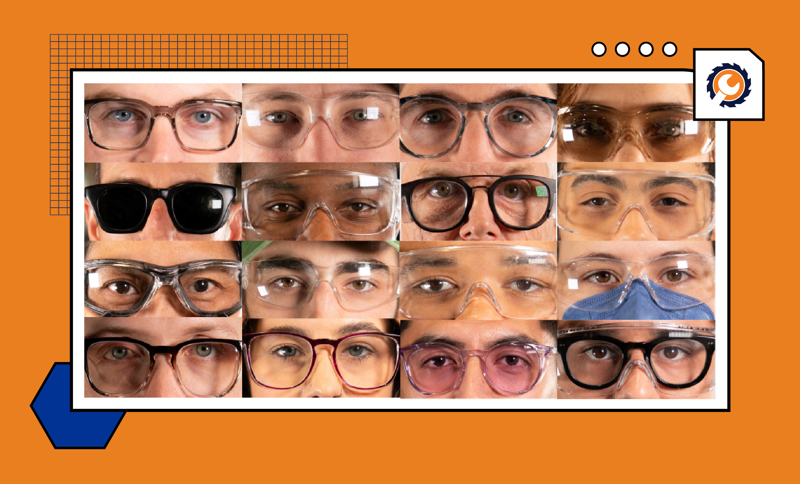 An illustrative mosaic of faces wearing safety glasses against an orange background